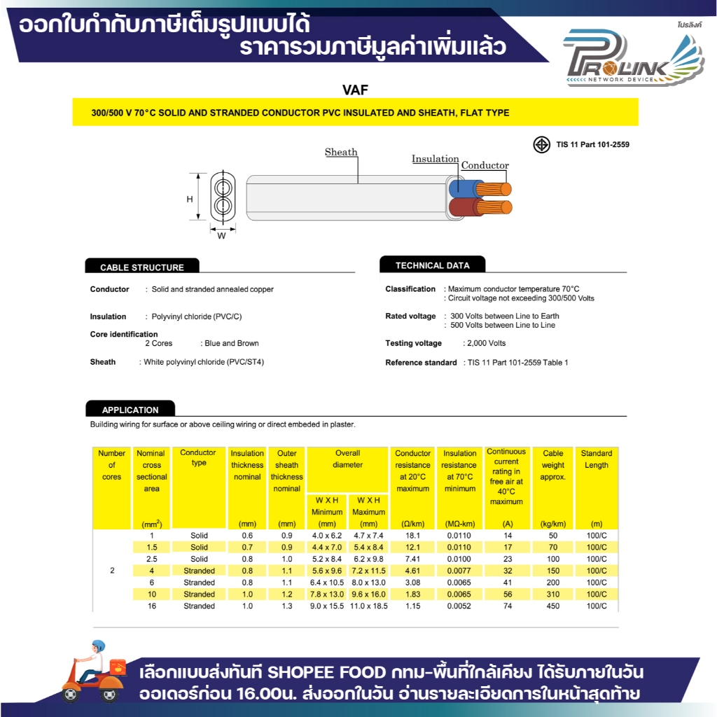 (ราคาต่อ 1 เมตร ตัดยาวต่อเนื่อง) THAI YAZAKI สายไฟ VAF ขนาด 2 x 1 / 2 x 1.5 / 2 x 2.5 / 2 x 4 / 2 x 6 sqmm สายทองแดงแท้ - รูปที่ 2