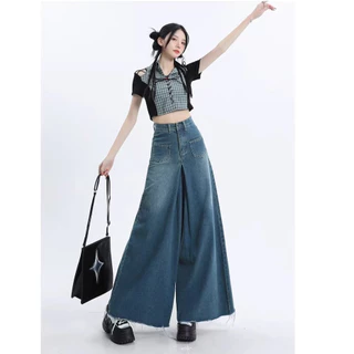 S~5XL Baggy jeans Blue กางเกงยีนส์ขากว้างเอวสูงย้อนยุค 2026 สไตล์ใหม่ดิบขอบหลวมสบายๆกางเกงขาช้างอเนกประสงค์ HOT