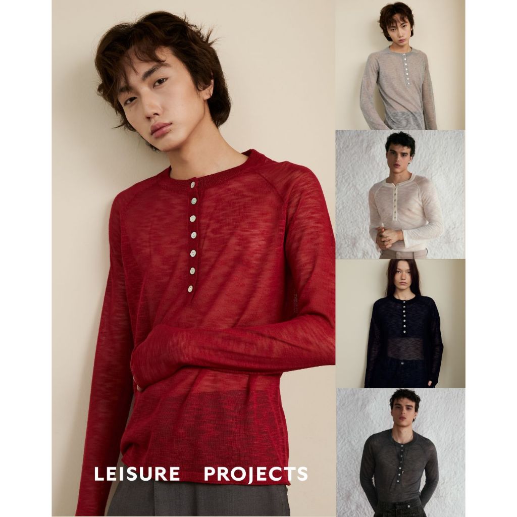 (Leisure Projects) Body fit see through long sleeves henry t-shirt เสื้อเเขนยาวผ้าเเบบบางทรง body fit คอกลมเจาะคอโปโล