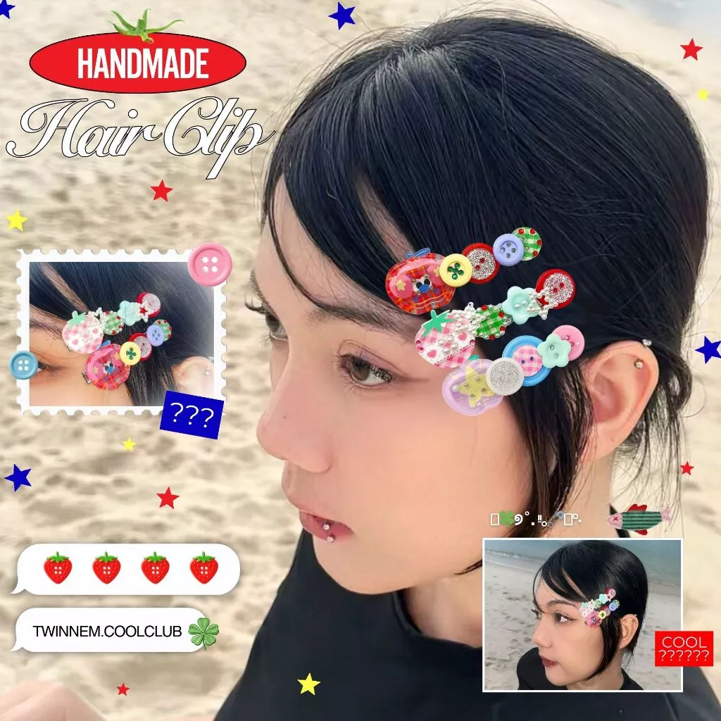 Twinnem-Handmade 🌀🍎⭐️กิ๊บติดผมกระดุม Whimsy Style,กิ๊บติดผม Y2K เครื่องประดับผมน่ารัก