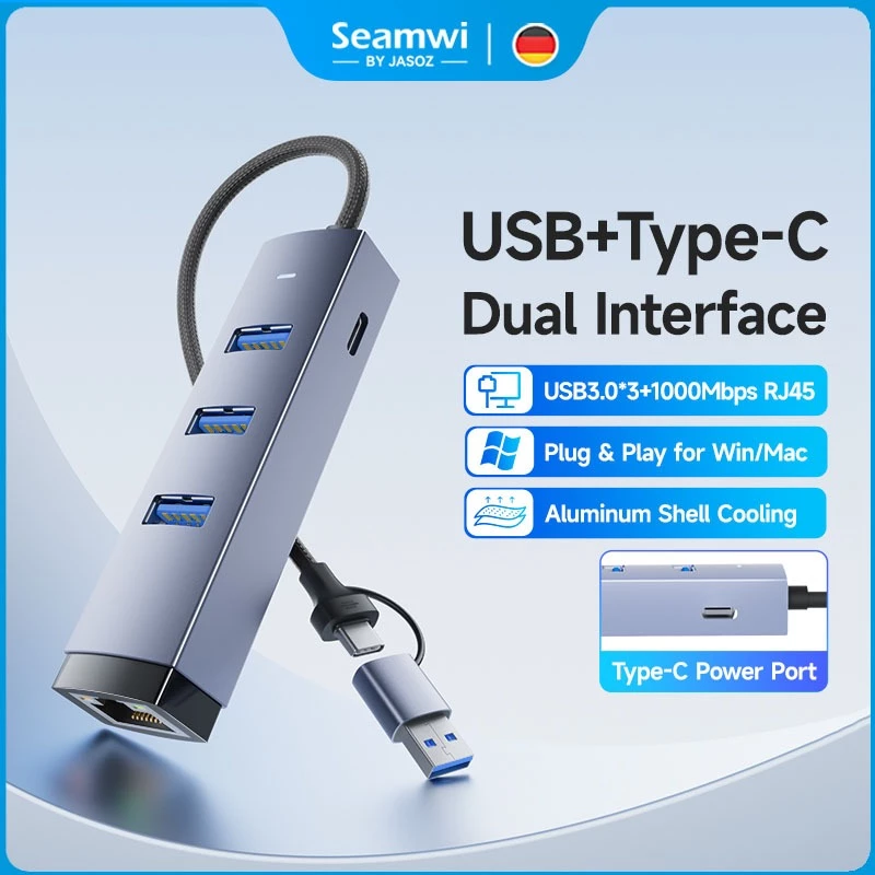 Seamwi Gigabit Network Adapter With USB 3.0 HUB 3 Ports Type C 1000Mbps Network Adapter แล็ปท็อป