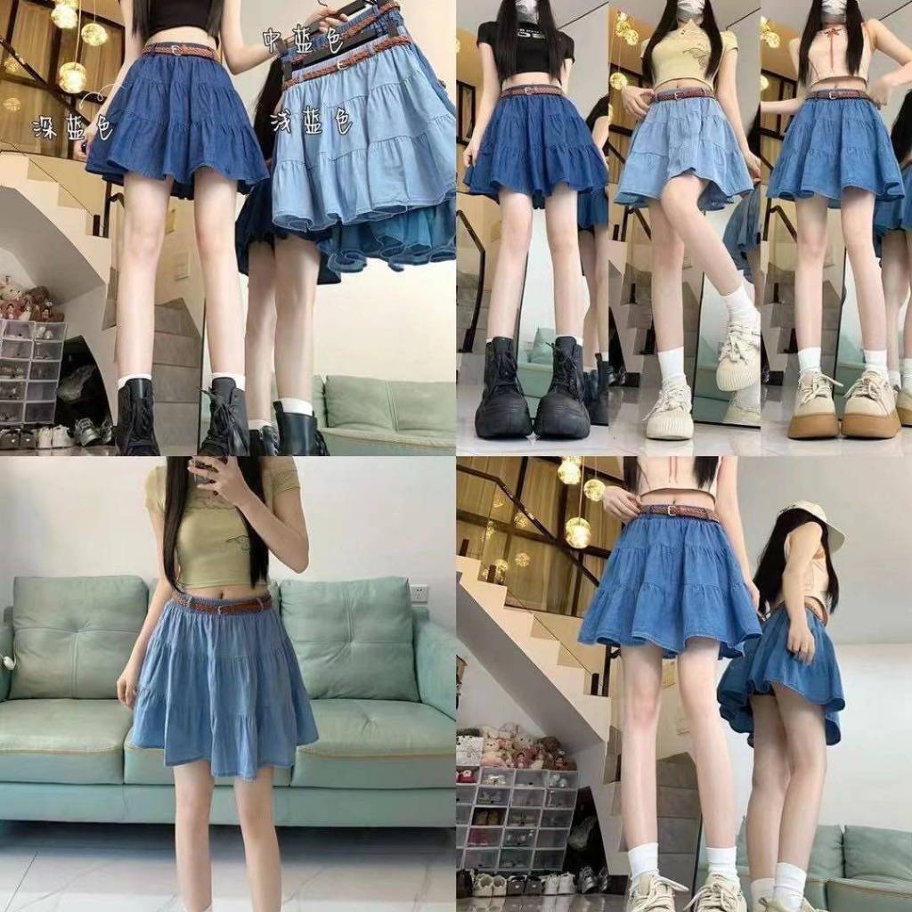 กระโปรงยีนส์สั้น+เข็มขัด ผ้าต่อ 3 ชั้น มีซับในกางเกง ผ้านิ่มใส่สบาย