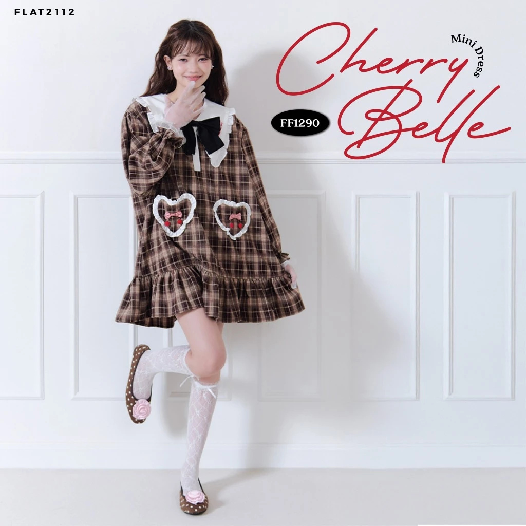 FLAT2112 : CHERRY BELLE MINI DRESS เดรสสั้นลายสก็อตสีน้ำตาล เดรสหวาน เดรสคอปก ผ้านุ่ม ใส่สบาย และโดดเด่น (FF1290)