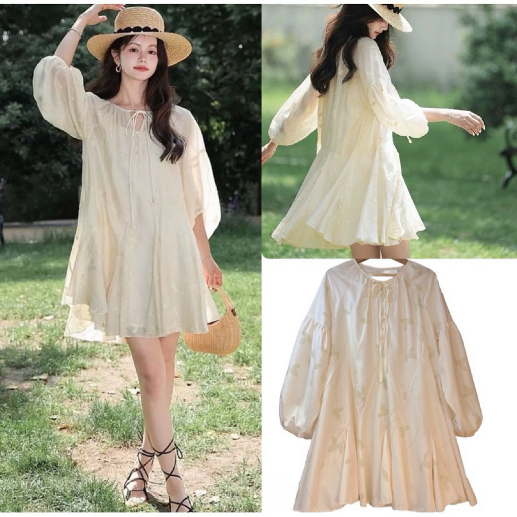 เดรสมากิ พิมพ์ลายดอกไม้ แบรนด์ Sirin Studio สี ครีมไข่ไก่