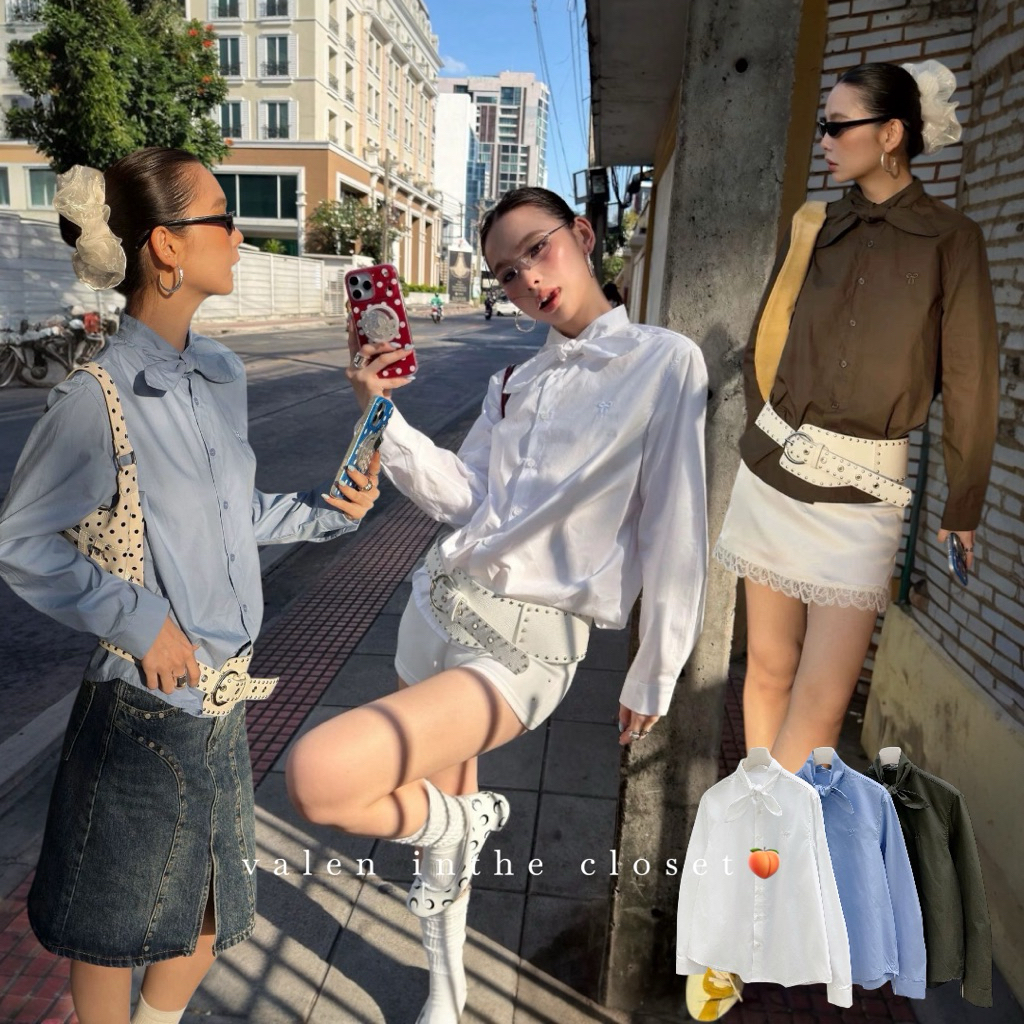 ส่งด่วน 🛵 26C013 MMFISH 𝗞𝗔𝗠𝗨 𝗥𝗜𝗕𝗕𝗢𝗡 𝗖𝗢𝗟𝗟𝗔𝗥 𝗦𝗛𝗜𝗥𝗧 เสื้อเชิ้ตที่ไม่ธรรมดา มีผ้าเพิ่มดีเทลผูกโบว์เล็กๆ