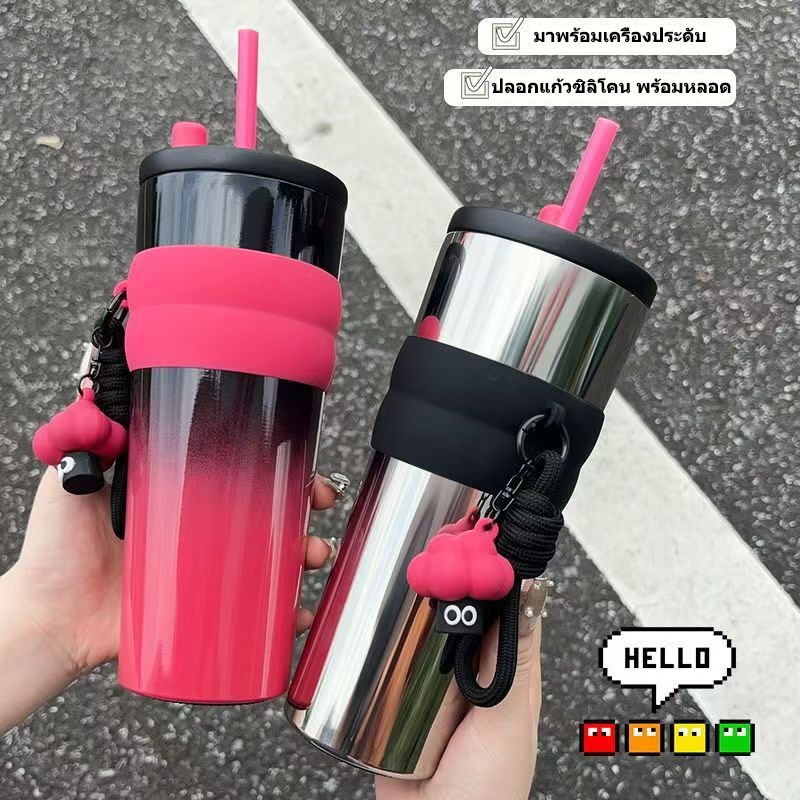 Sippy แก้วกาแฟสแตนเลสสตีลพร้อมฝาปิด สีไล่เฉด มีหลอดดูด พับเก็บได้ ขวดสูญญากาศสามารถเก็บความร้อนและความเย็น