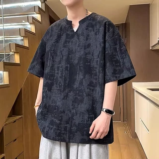 เสื้อยืดคอวีสไตล์อเมริกัน ใส่ได้ทั้งชายและหญิง ลายมัดย้อม แขนสั้นทรงหลวม สไตล์เรียบๆ COD