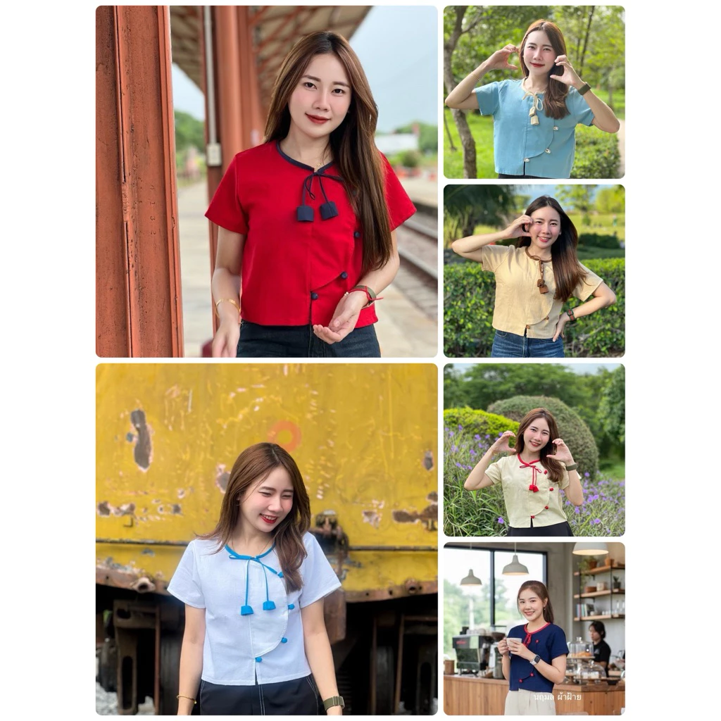 เสื้อครอปผ้าฝ้ายผู้หญิงผูกดอกทิวลิปคอกลมกระดุมปั๊ม