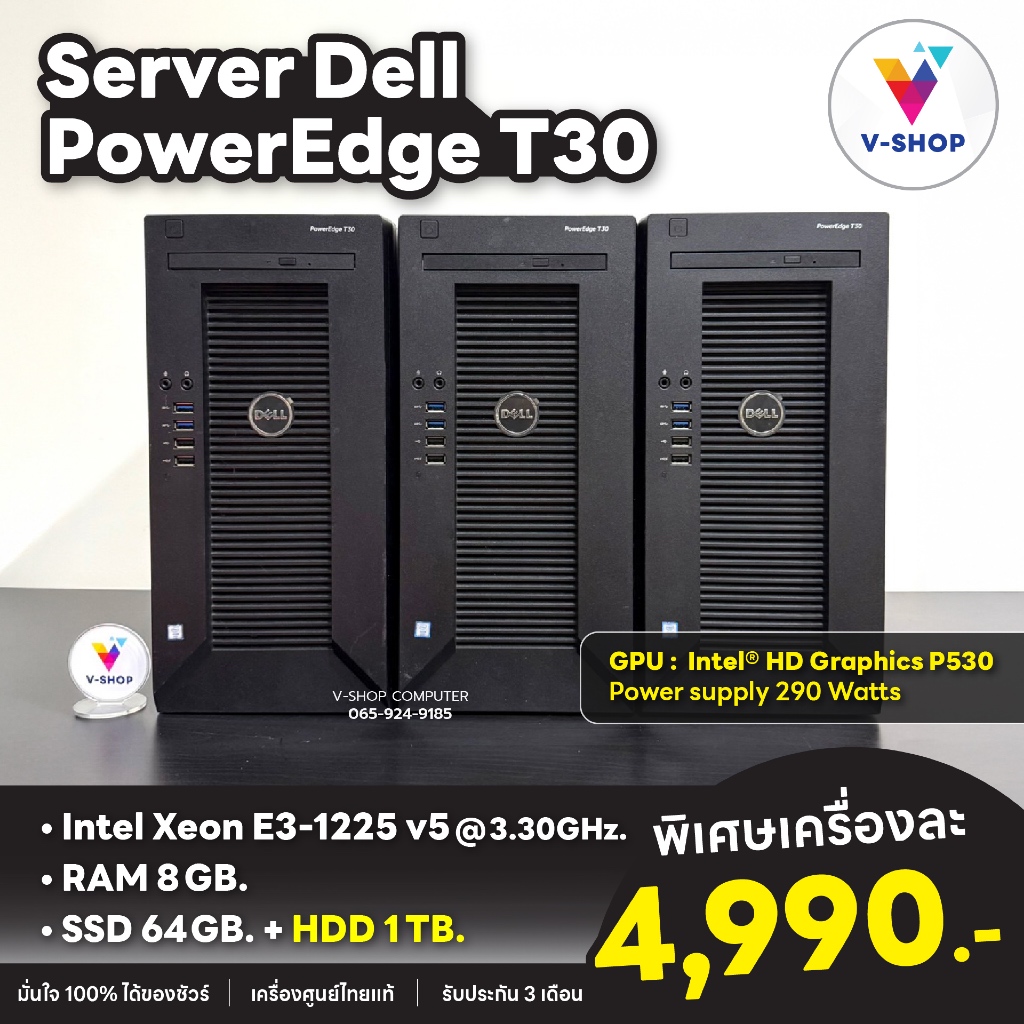 Server Dell PowerEdge T30 / Intel Xeon E3-1225 v5 @3.30GHz / RAM 8GB / SSD 64GB + HDD 1TB