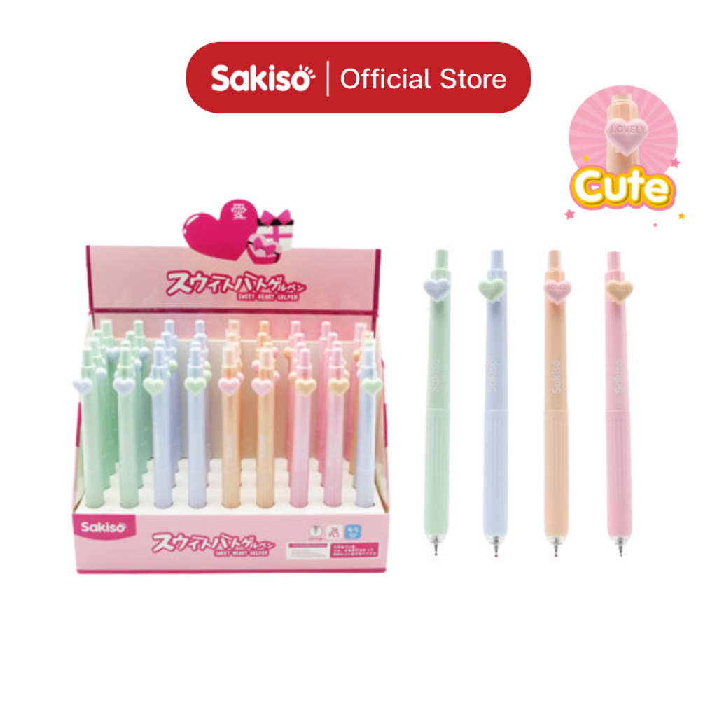 Sakiso [ยกแพ็คสูงสุด 12 ด้าม] ปากกาเจลกดรูปหัวใจ Sweet Heart หัว 0.5 mm. หมึกน้ำเงิน ด้ามสีพาสเทล