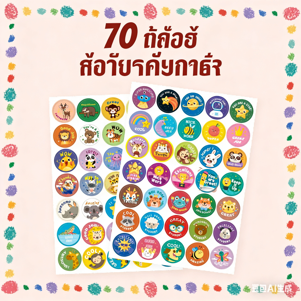 70 ภาษาอังกฤษส่งเสริมสติ๊กเกอร์การ์ตูนเด็กการเรียนรู้สติ๊กเกอร์รางวัล 2.5 ซมสติกเกอร์