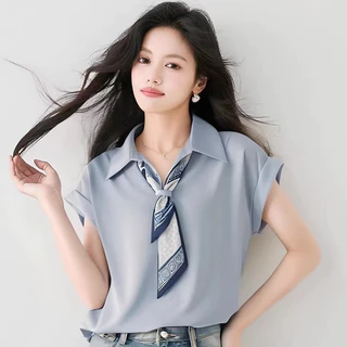 99159 เสื้อเชิ้ตแขนสั้นผ้าซาตินชีฟองแบบใหม่สำหรับผู้หญิง คอปกพับ มาพร้อมเนคไท เหมาะสำหรับฤดูร้อน มีสามสีให้เลือก