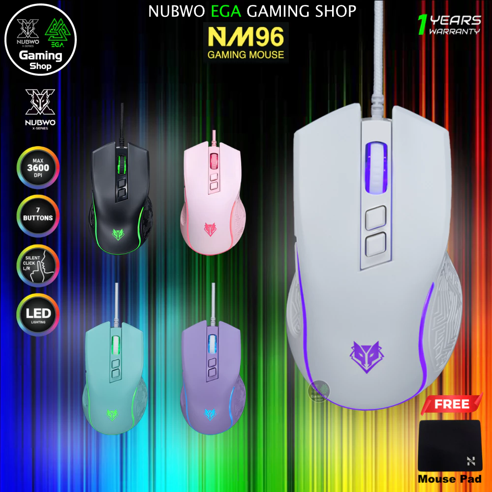 🎮 GAMING NUBWO NM96 GAMING MOUSE เมาส์เกมมิ่ง SILEN MOUSE เมาส์ไร้เสียงคลิก ปรับ DPI สูงสุด 3600 มี7ปุ่ม ปรับไฟได้ NM-96