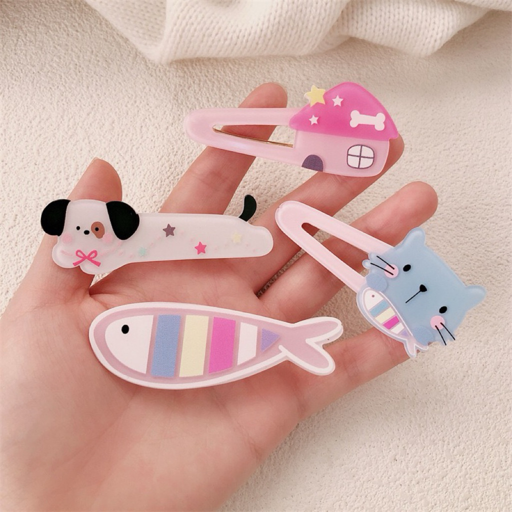 กิ๊ฟติดผมแบบลายการ์ตูนคิวท์ 🐶🐱🐟 บ้านชมพู พาสเทลน่ารัก ติดแน่น ไม่กินผม