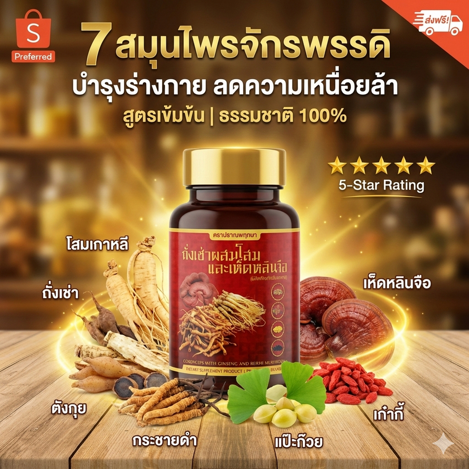 ถั่งเช่า(7in1) ผสมโสม เห็ดหลินจือ กระชายดำ ตังกุย ฟื้นฟูร่างกาย หลับลึก ตื่นสบาย คลายปวดเมื่อย halal