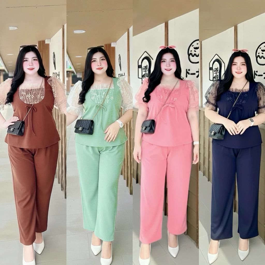 ชุดเซ็ทขายาวใส่ออกงานสำหรับสาวอวบอ้วนแต่งแขนผ้ามุ้งดอกไม้สวยหวานก่งเกงผ้ายืดใส่สบาย