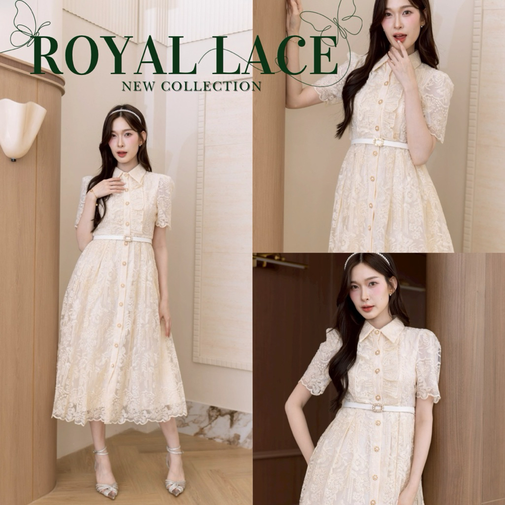🌸 ROYAL LACE DRESS 🌸 (TYL135) เดรสลูกไม้สีครีม ทรงยาว มาพร้อมเข็มขัด สาวหวาน