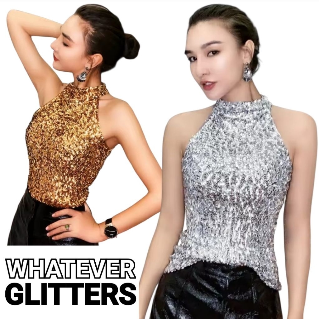 เสื้อปักเลื่อมเเขนกุดสีทอง เสื้อกลิตเตอร์เว้าไหล่สีเงิน เสื้อวิบวับคอปีนสีดำ (สินค้าในไทย )