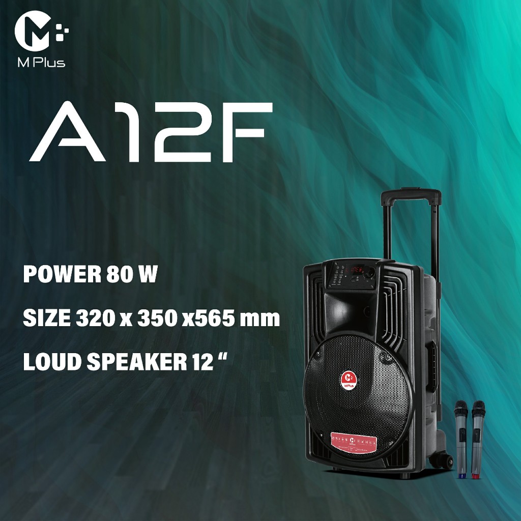 M Plus A12F ลำโพงลาก 12 นิ้ว 80W | Bluetooth 5.0 | ไมค์ไร้สาย 2 ตัว | USB/TF/AUX | เสียบกีตาร์ได้