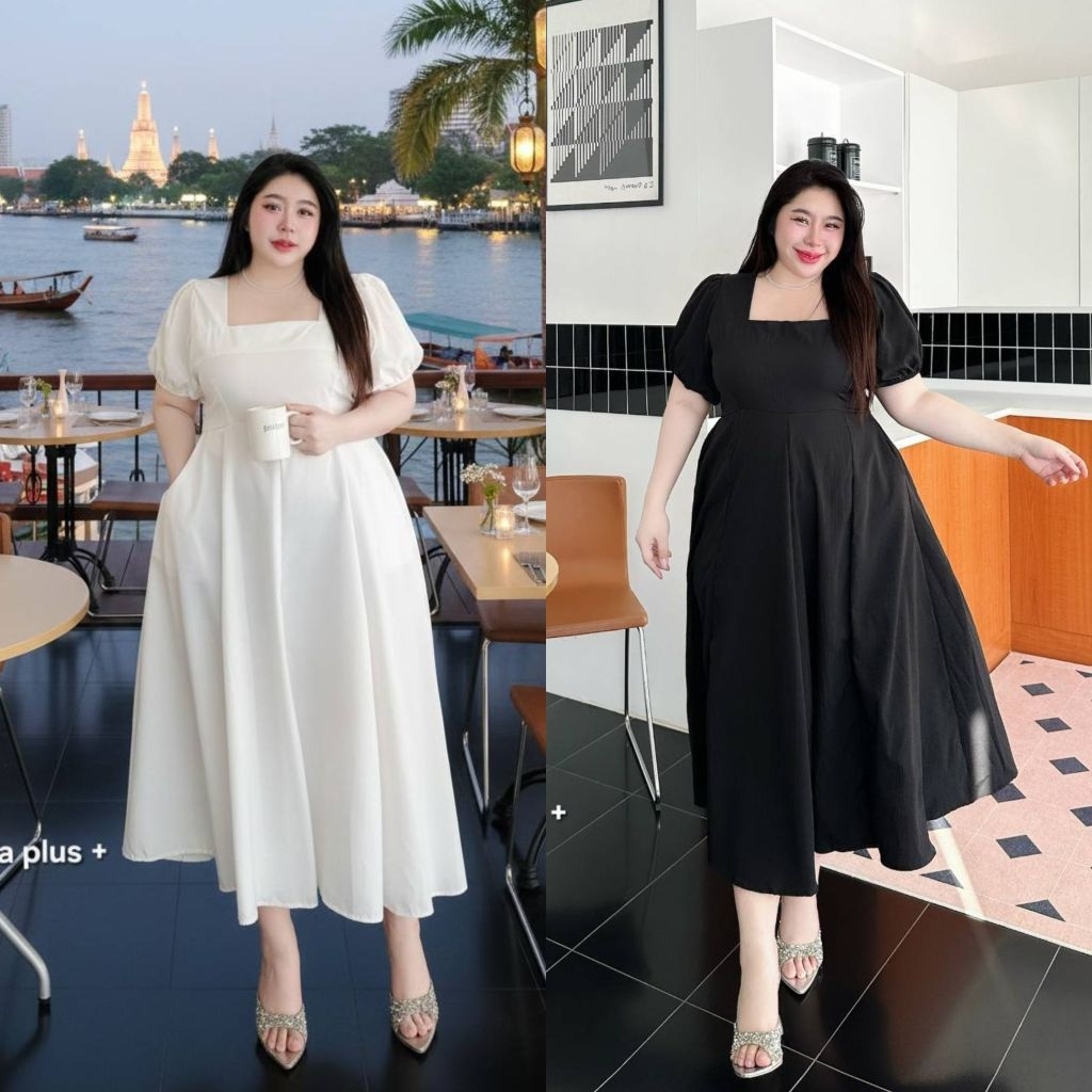 ชุดเดรสคอเหลี่ยม ทรงสวย เรียบๆแต่ดูแพง อก 52 นิ้ว