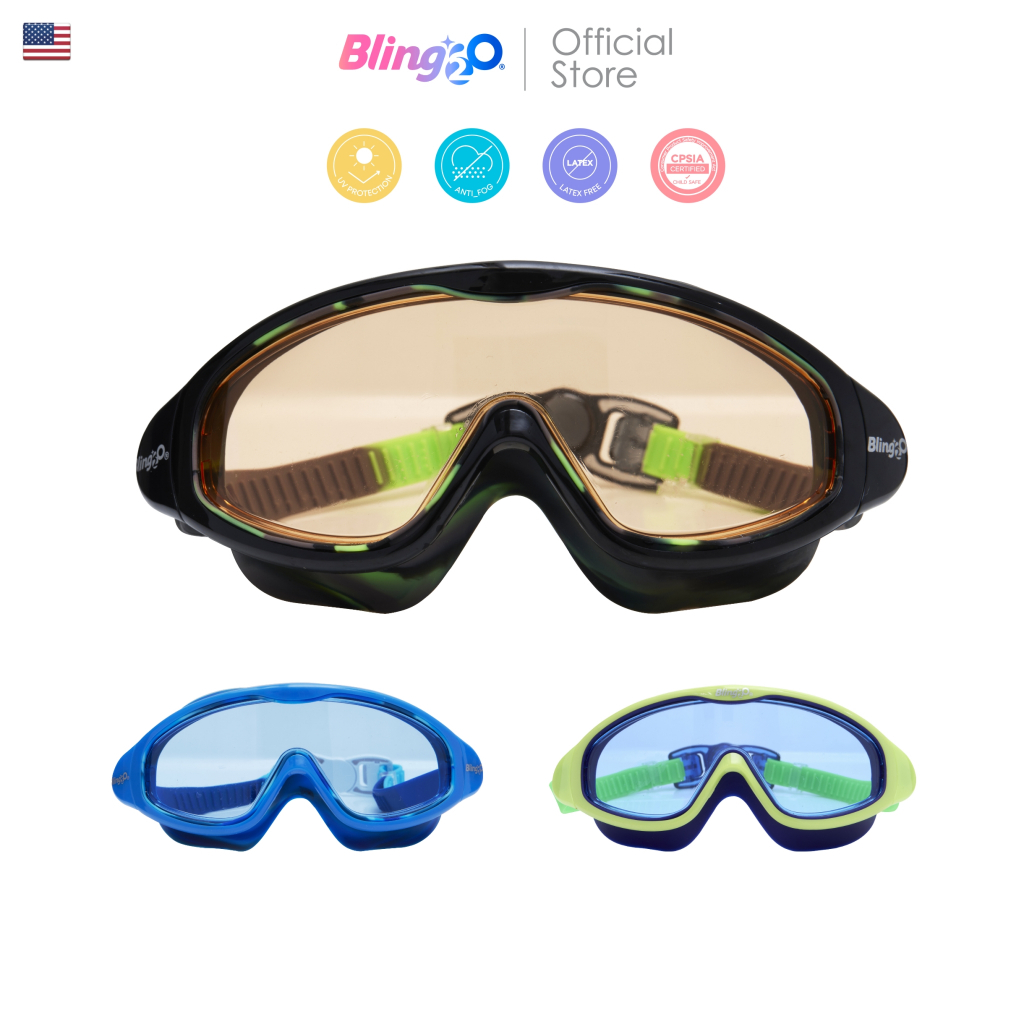 BLING2O แว่นตาดำน้ำเด็กสีสดใส ยอดฮิตจากอเมริกา ป้องกันฝ้าเเละ UV ถ่ายรูปสวย สายซิลิโคนนิ่ม ไม่พันผม