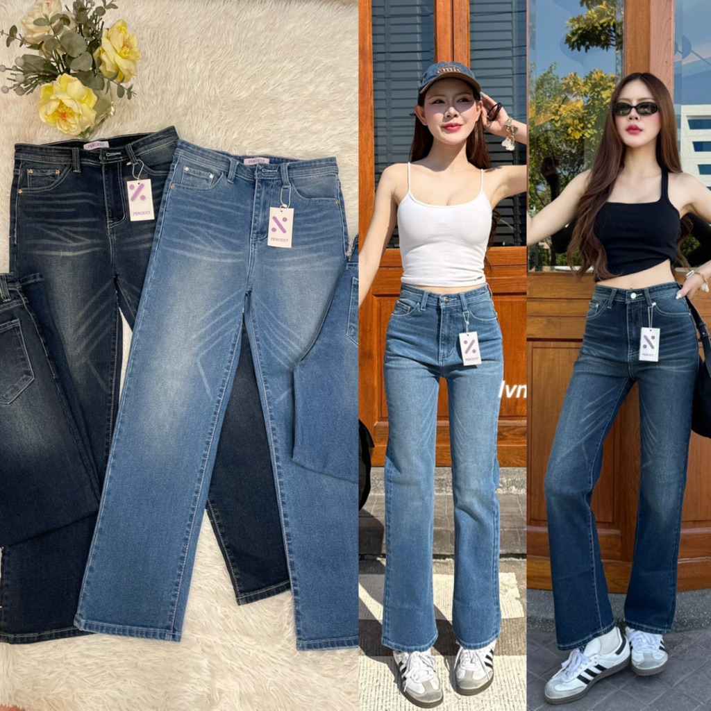 (🚚ส่งด่วน) PERCENT | S-3XL✨ กางเกงยีนส์เอวสูงขากระบอกเล็กตะเข็บชมพู DWjeans
