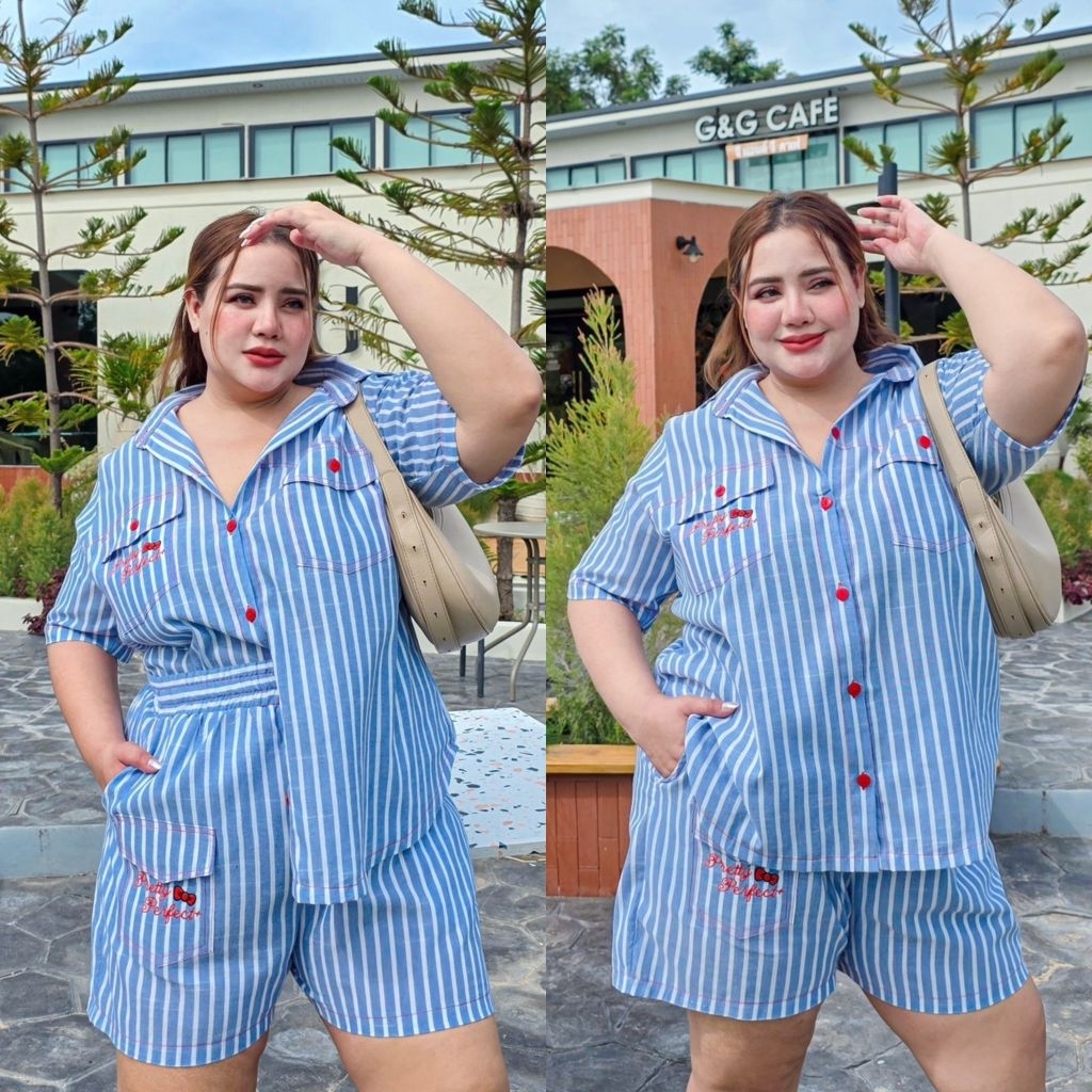 Pretty perfect Stripes Set ชุดเซ็ตผ้าทอลายริ้วปักกระเป๋ากระดุมแดง (เสื้อเชิ้ตแขนสั้น+กางเกงขาสั้น) อก 40-64 นิ้ว