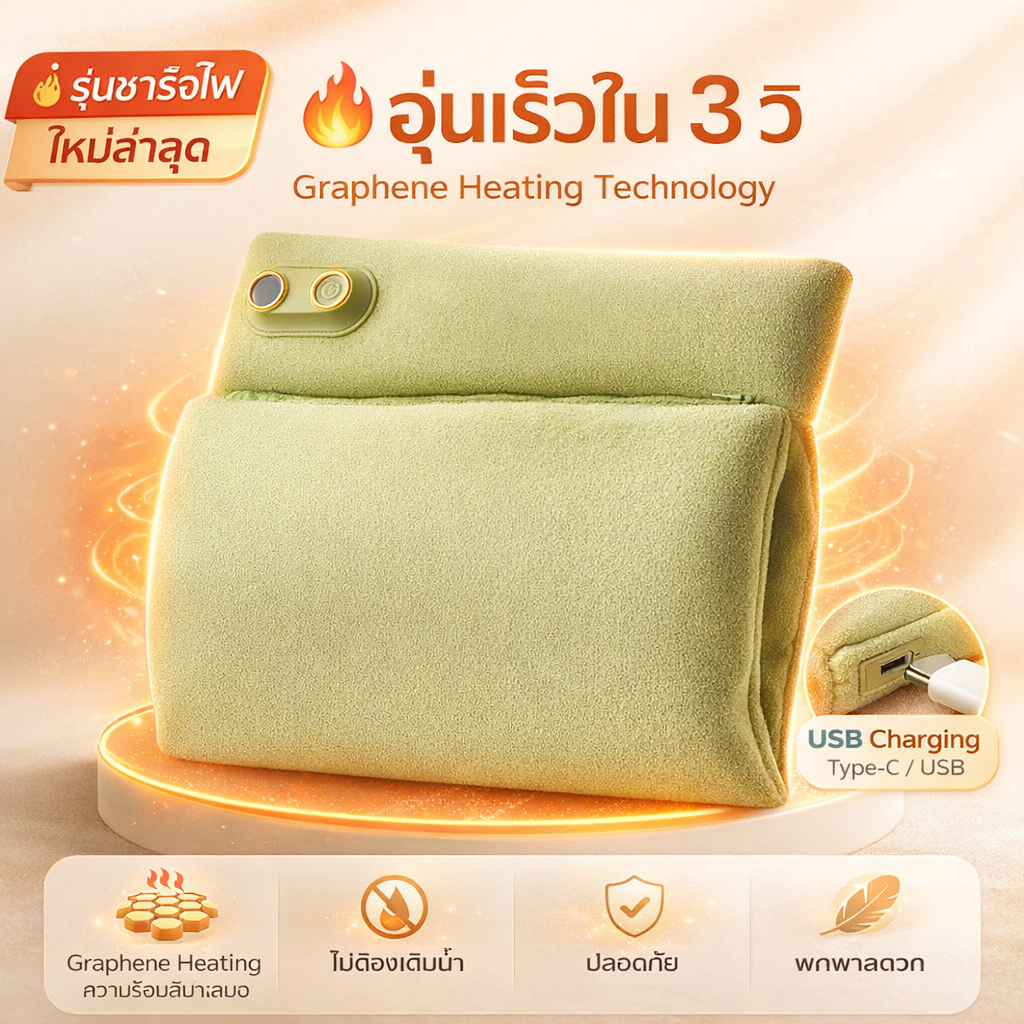 กระเป๋าน้ำร้อน Graphene แบบชาร์จไฟ อุ่นเร็ว ปลอดภัย พกพาง่าย