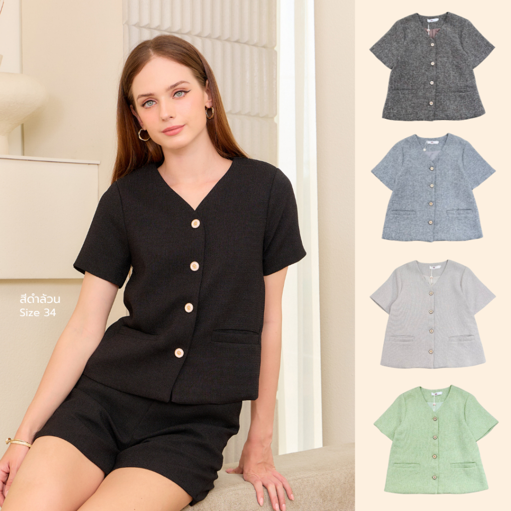 POI เสื้อผ้าทวิตคอวีแขนสั้นกระเป๋าคู่ L019F6