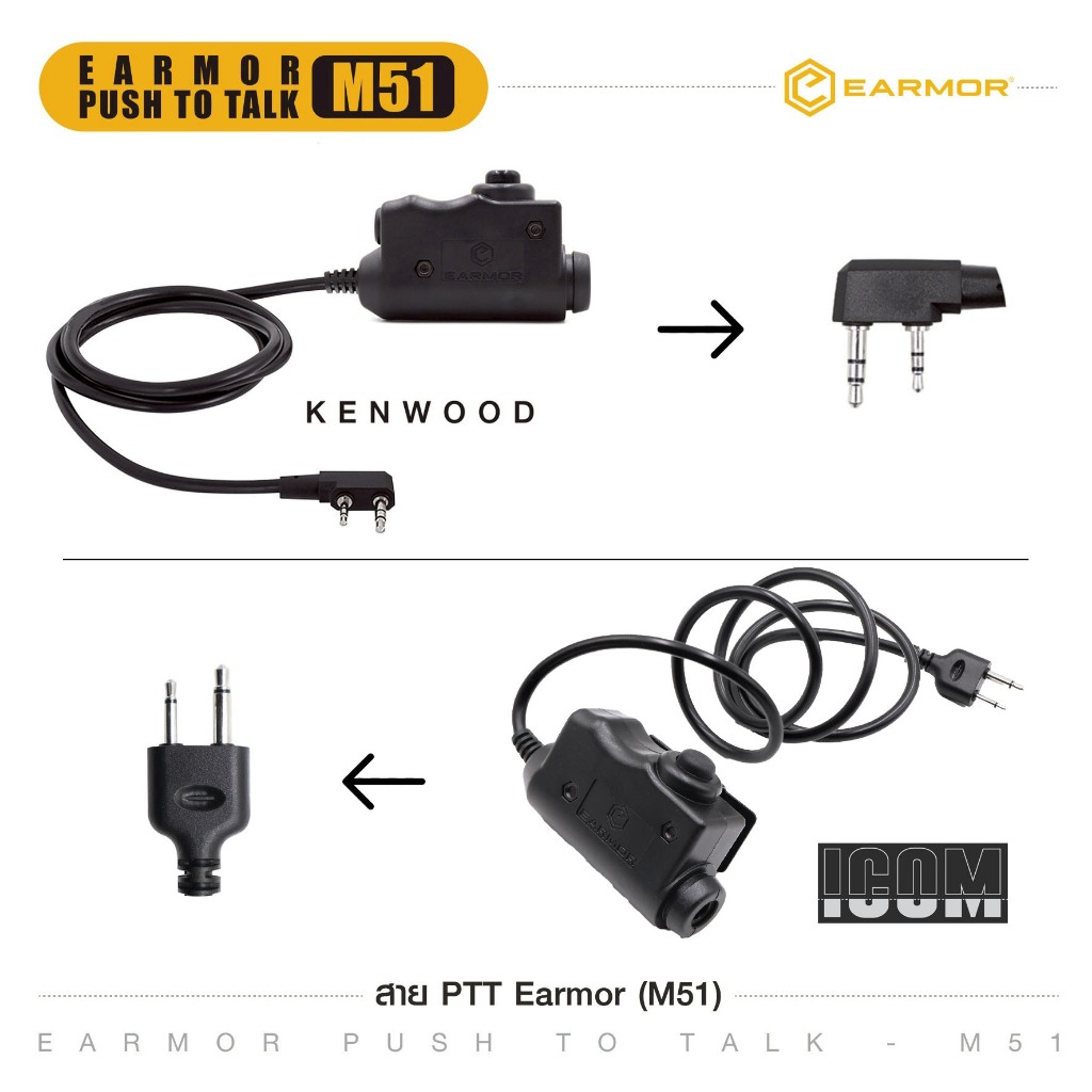 สาย PTT Earmor - Kenwood / ICOM ( M51 ) (❌ICOM ใช้ได้กับวิทยุแท้เท่านั้น ❌)