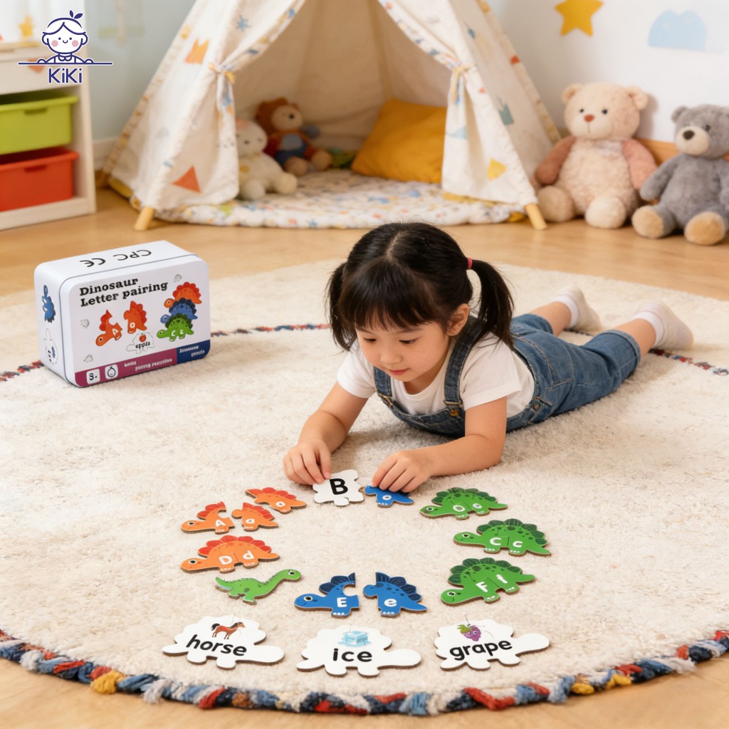 KiKi เกมปริศนาตัวอักษรไดโนเสาร์ เกมจดจำตัวอักษรสำหรับคนอายุ 3-6 ปี เกมสะกดคำ ของเล่นเสริมพัฒนาการ