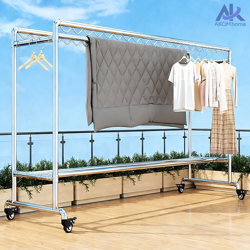 AKOM ราวตากผ้าท่อเหล็กสองแถว ราวแขวนผ้าโครงเหล็ก ราวตากผ้า ยาว100-180cm สูง180cm ประกอบง่าย กันน้ำ