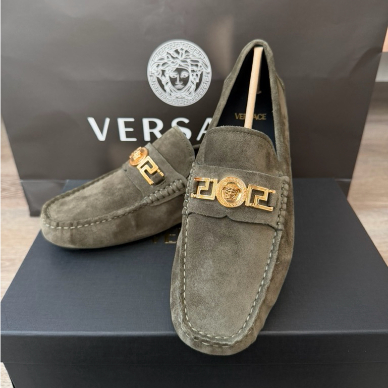 VERSACE 1009707 Driver Shoes Dark Olive Size 41 หนังกลับ