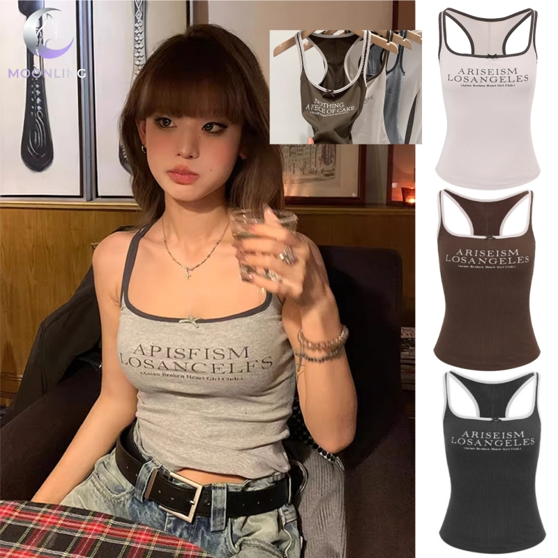 Moonling พร้อมส่งจากไทย เสื้อกล้าม คอกลม มีฟองน้ำ ดีเทลสกีนตัวอักษร สีพื้นง่ายๆ เกาหลีน่ารัก FY746-P