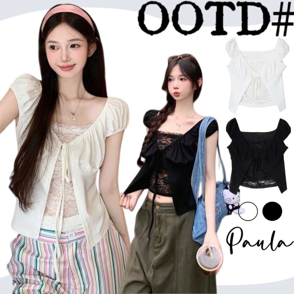 Paul พร้อมส่ง🌴เสื้อแขนตุ๊กตา🌴ดีเทลมีลูกไม้ด้านในผ้าเรอยน เสื้อปาดไหล่ทรงครอปเเขนสั้น แต่งเชื่อกผูกโบว์ Y2Kสไตล์เซ็กซี่