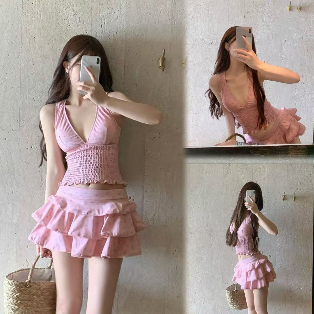 🌸Swift Bra🌸ชุดว่ายน้ําผู้หญิง เซต 2 ชิ้น เสื้อกั๊ก + กระโปรงทรงชั้น สีชมพู มีฟองน้ำ ชุดไปทะเล