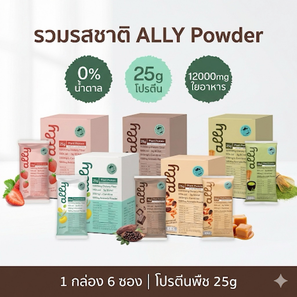 Ally powder Plant Protein ออลลี่ พาวเดอร์ โปรตีนพืช ทดแทนมื้ออาหาร 1 กล่อง 6 ซอง