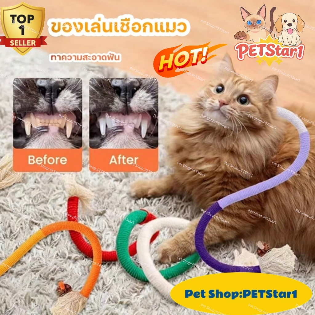 PETStar1🥇ทําความสะอาดฟัน🥇  ของเล่นแมว เชือกตกแมว กัดสนุก ขัดฟันแมว เชือกฝ้ายธรรมชาติCOD