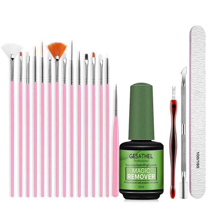 19pcs/set 15ml น้ำยาล้างเล็บเจล น้ำยาล้างเล็ เพ้นท์เล็บชุดแปรงเล็บ ชุดแต่งเล็บ ตะไบเล็บบัฟเฟอร์บล็อก