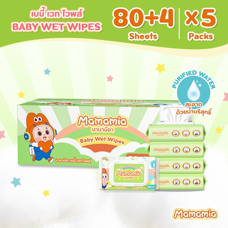 MAMAMIA BABY WET WIPES ทิชชู่เปียกสำหรับเด็ก อ่อนโยนต่อผิวเด็กแรกเกิด 84แผ่น x 5ห่อ