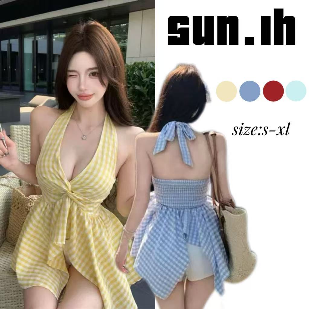 SUN พร้อมส่ง เสื้อสายเดี่ยวลายสก็อตสีเหลืองสำหรับผู้หญิง สไตล์ฤดูร้อน เซ็กซี่และเย้ายวน คอวีแบบผูกคอ