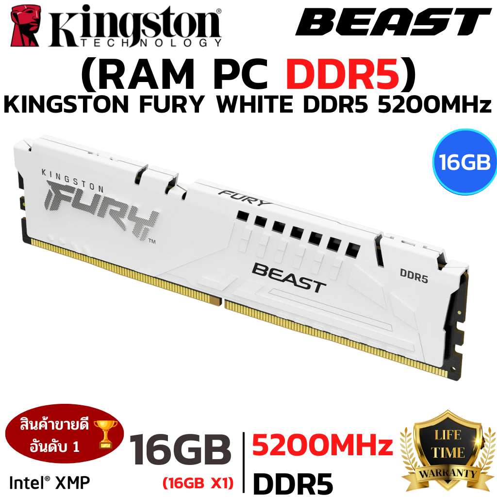 RAM 16GB (16GBx1) DDR5 5200MHz RAM (หน่วยความจำ) KINGSTON FURY BEAST DDR5 (WHITE) (KF552C40BWK2-32)