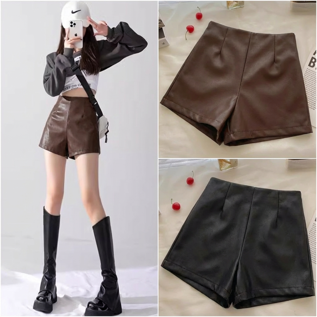 พร้อมส่ง กางเกงหนัง ขาสั้น รัดรูป เอวสูง ซิปซ่อนด้านข้าง แฟชั่นสไตล์สาวเท่