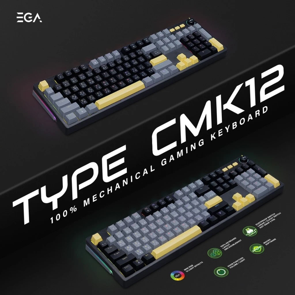 EGA TYPE CMK12 คีย์บอร์ดเกมมิ่งขนาด 100% Full-Size 104 ปุ่ม Hot-Swappable 3 Pin Mechanical Mini RGB [รับประกัน 2 ปี]