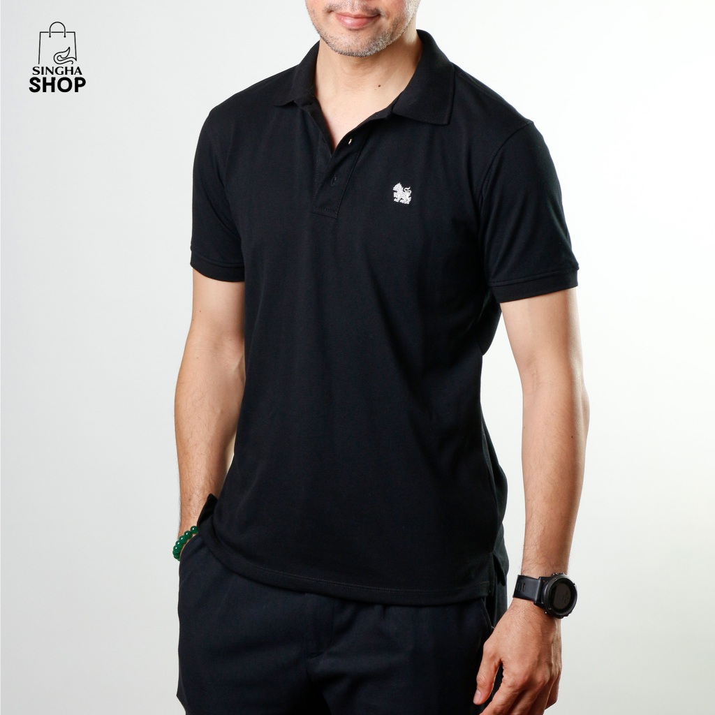 SinghaShop Poloสีดำ ปักโลโก้สิงห์เทา