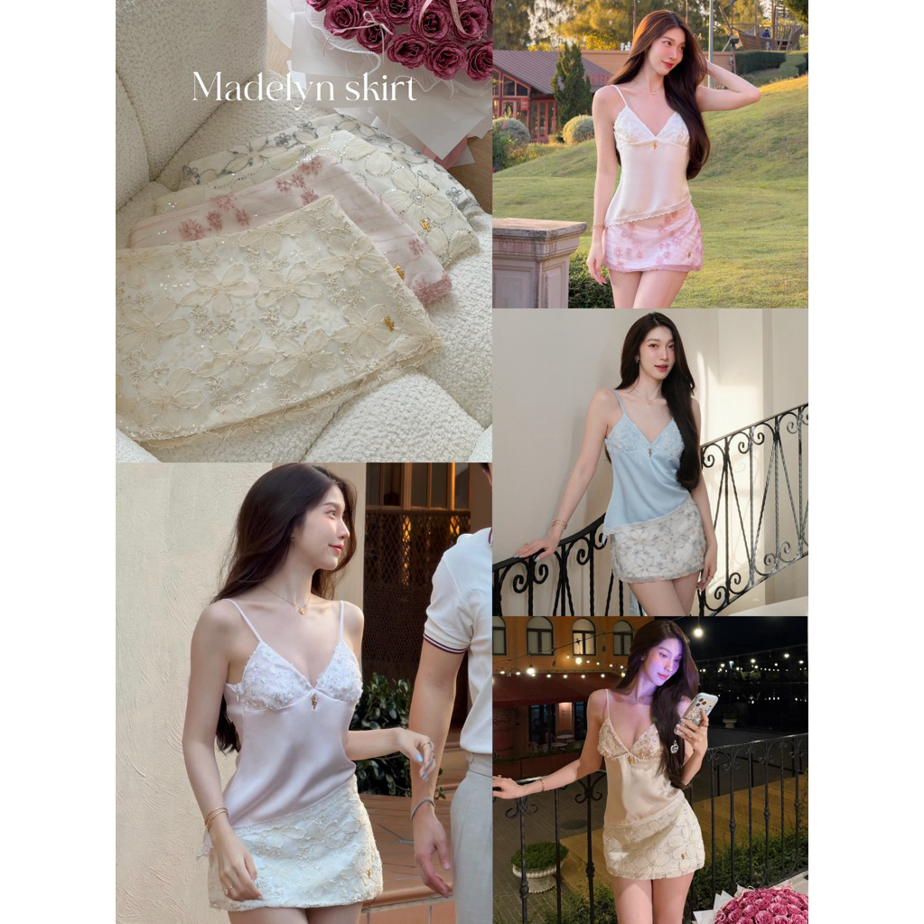 Madelyn Skirt 890.- กระโปรงสั้นเอวกลาง ผ้าสองชั้นพรีเมียม ประดับลวดลายสวยงาม งานปักอย่างปราณีต