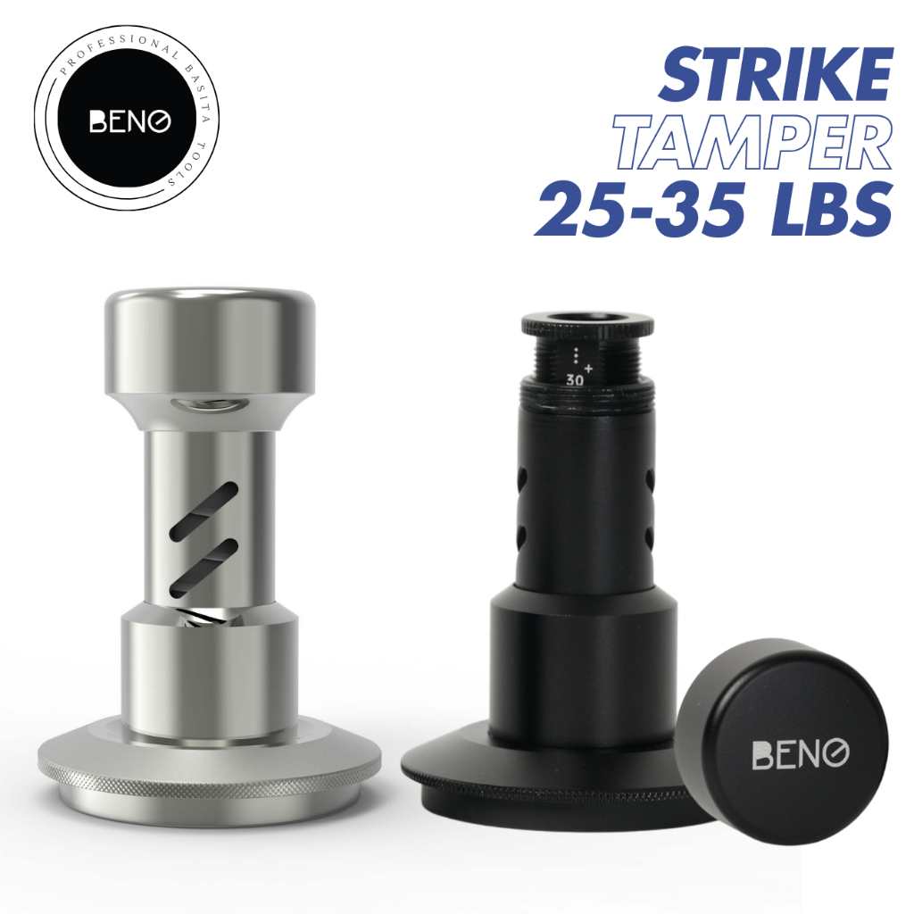 BENO STRIKE TAMPER 58.5MM แทมป์เปอร์กดกาแฟ ดีดกลับอัตโนมัติ ตั้งแรงกดได้ 25-35 ปอนด์ ฐานท้องลายคลื่น ripple base