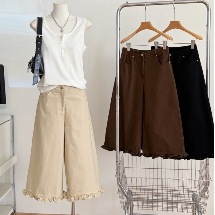 TEEDA (พรี2) กางเกงขา7ส่วน ไม่ยืด*ปลายขาบานแต่งระบาย ผ้าcotton ฟอก