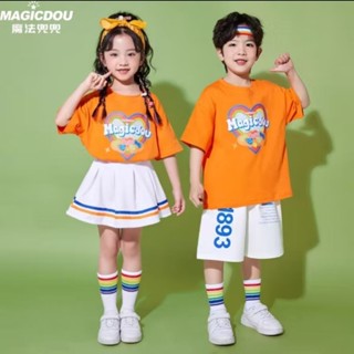 ชุดการแสดงเด็ก เซ็ตคู่เสื้อสีส้มขาว เซ็ต 4 รายการ (พร้อมส่งใ…