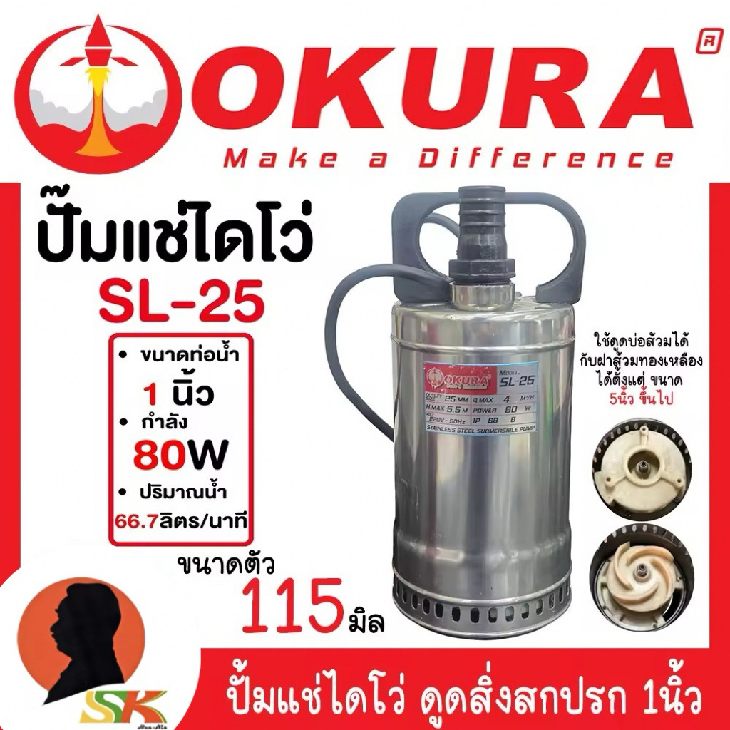 ปั้มแช่ไดโว่ ดูดสิ่งสกปรก ตัวสแตนเลส กำลัง 80วัตต์ ขนาด 1นิ้ว ยี่ห้อ OKURA รุ่น SL-25